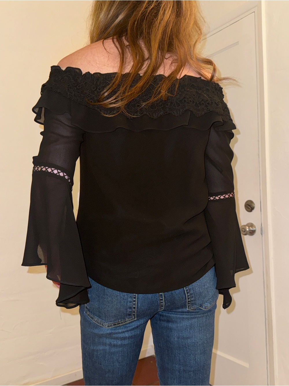 White House Black Market Black Off-Shoulder Lace Trim Blouse - Picture 2 of 3
